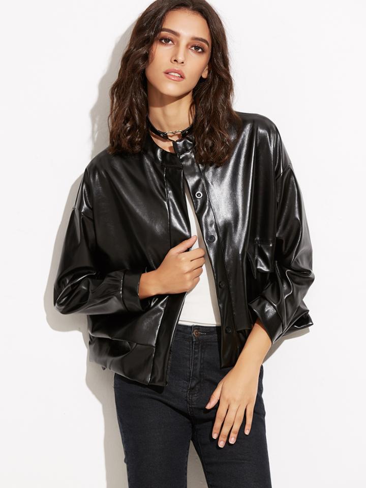 Romwe Black Dropped Shoulder Seam Faux Leather Button Jacket