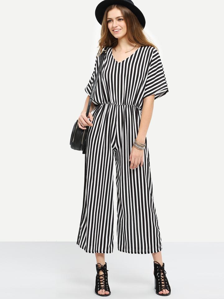 Romwe Surplice Back Vertical Striped Jumpsuit