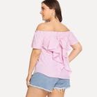 Romwe Plus Off Shoulder Ruffle Back Striped Top