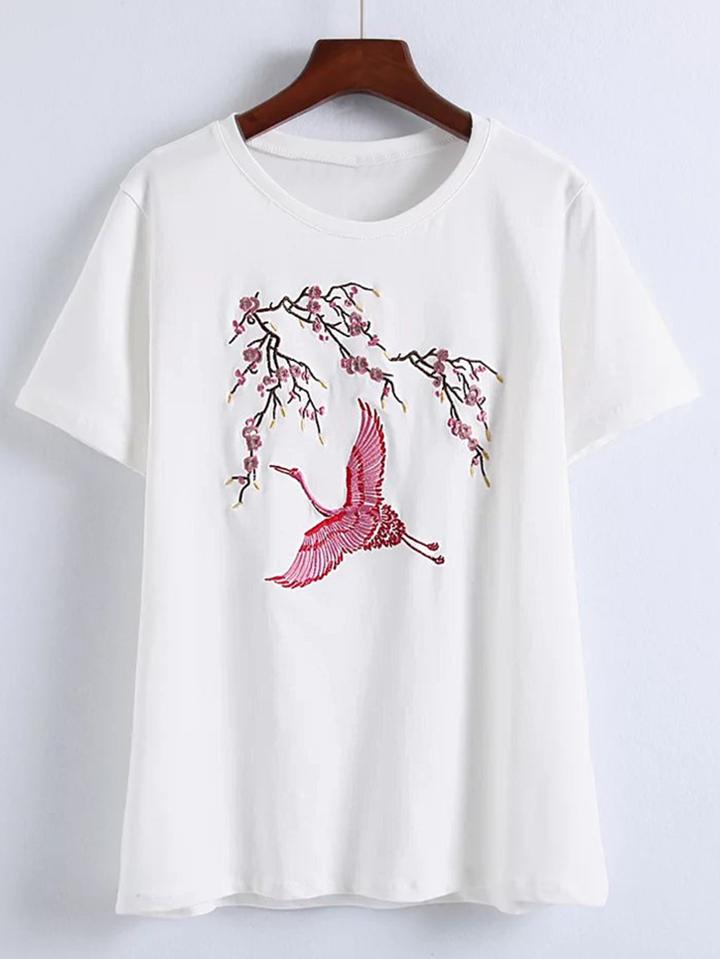 Romwe Short Sleeve Cranes Embroidery Tee