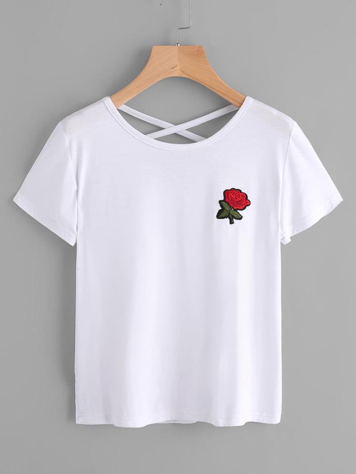 Romwe Rose Embroidered Patch Criss Cross Tee