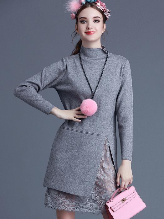 Romwe Grey Stand Collar Long Sleeve Contrast Lace Dress