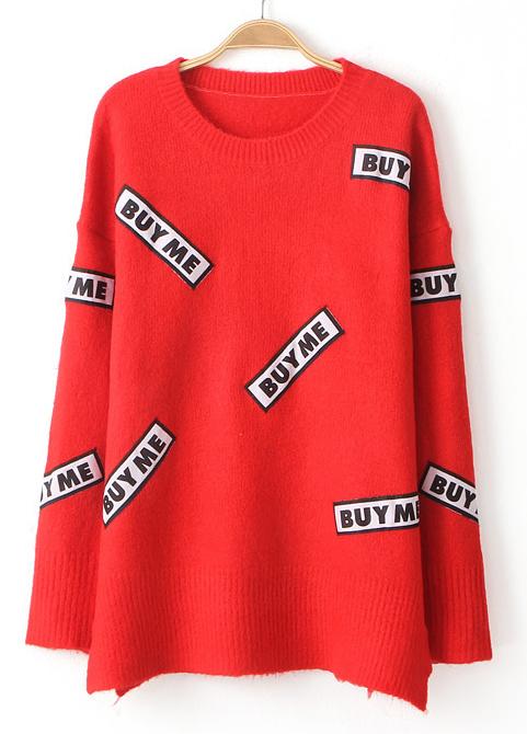 Romwe Buyme Print White Knit Red Sweater