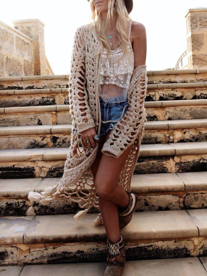 Romwe Crochet Hollow Fringe Long Beige Cardigan
