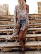 Romwe Crochet Hollow Fringe Long Beige Cardigan