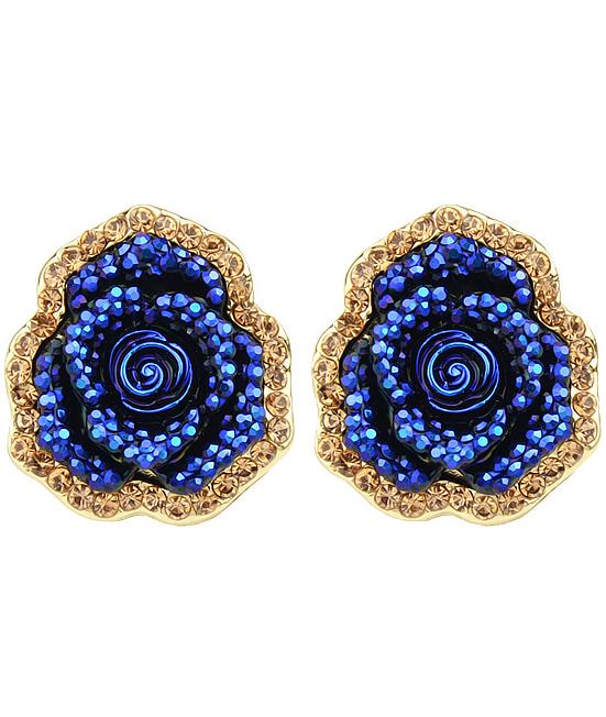 Romwe Gold Blue Rose Stud Earrings