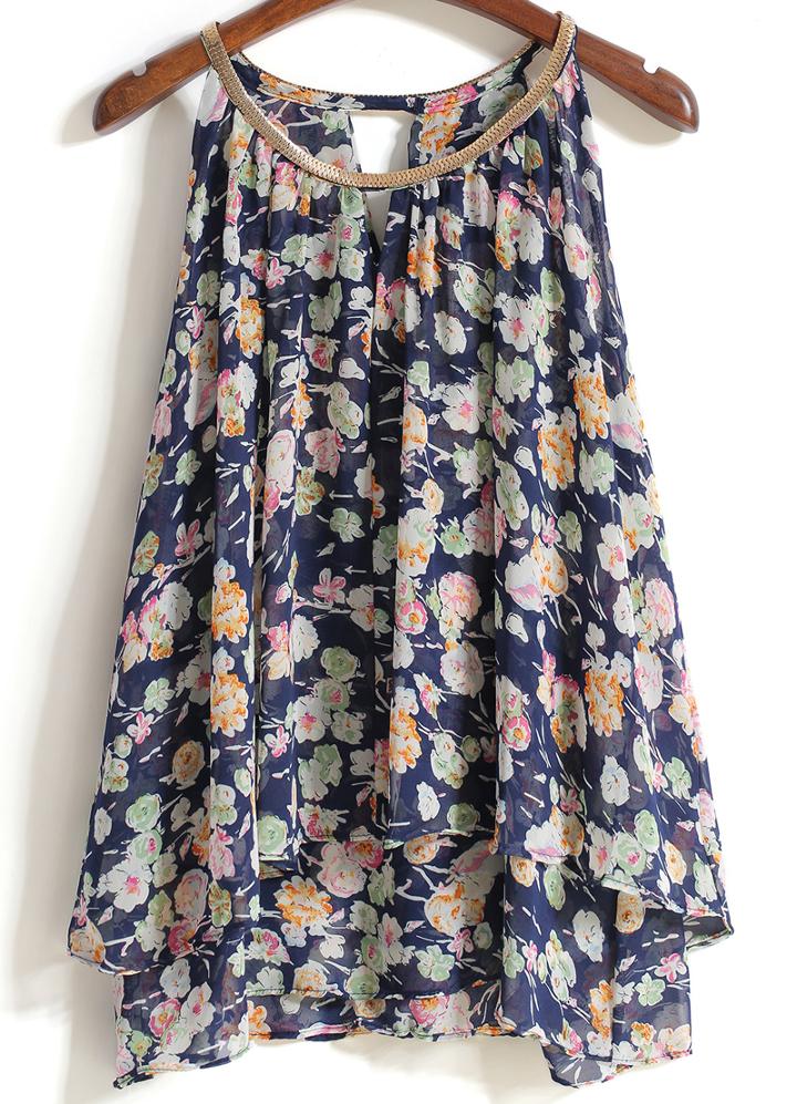 Romwe Metal Embellished Strap Floral Blue Vest
