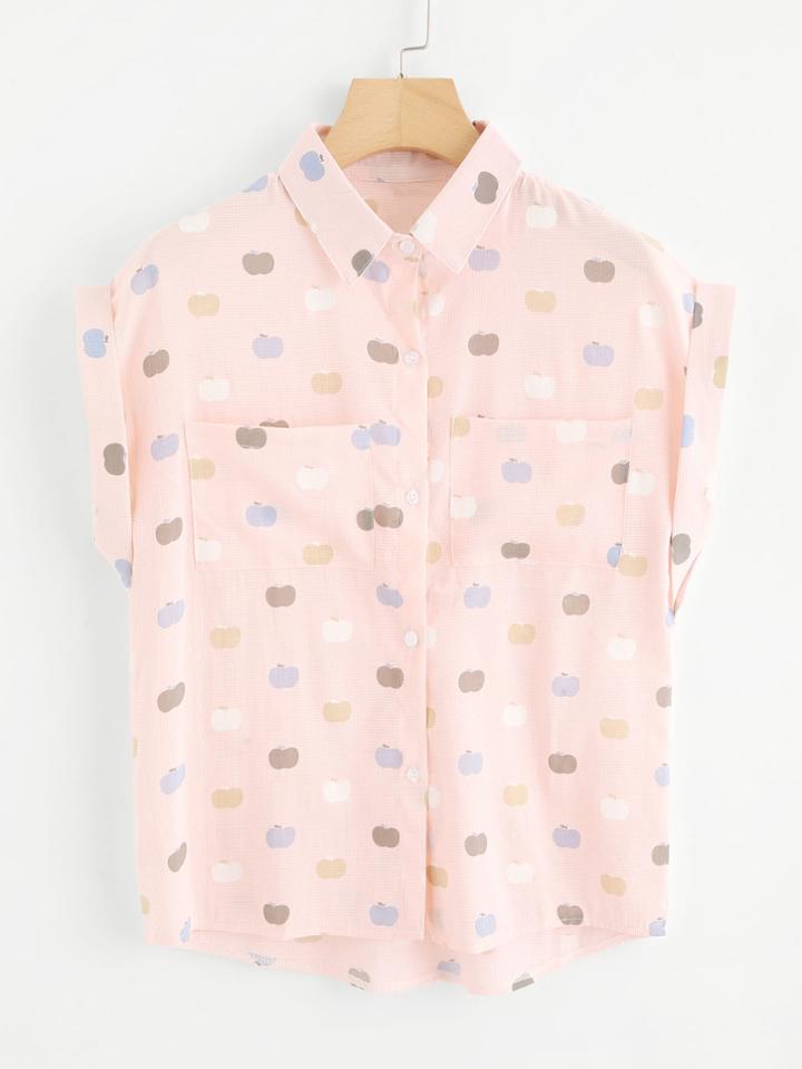 Romwe Dual Pocket Apple Print Cuffed Shirt