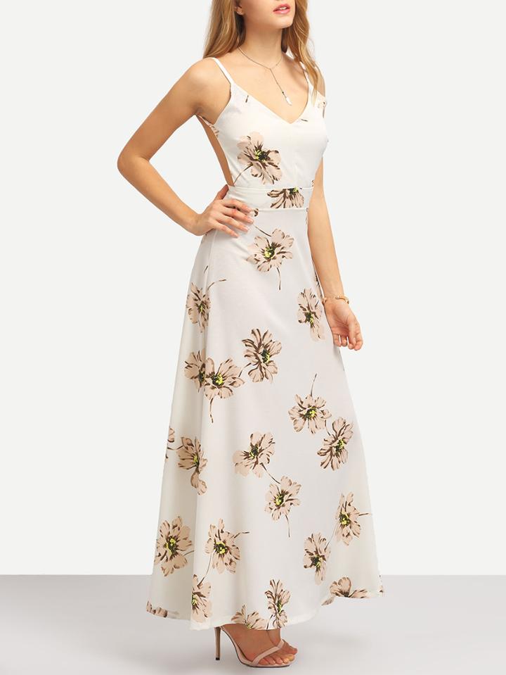 Romwe Flower Print Backless Long Cami Dress