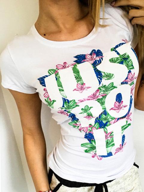 Romwe Letter & Flower Print White T-shirt