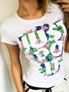 Romwe Letter & Flower Print White T-shirt