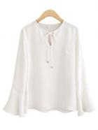 Romwe White Bell Sleeve Lace Up Chiffon Shirt