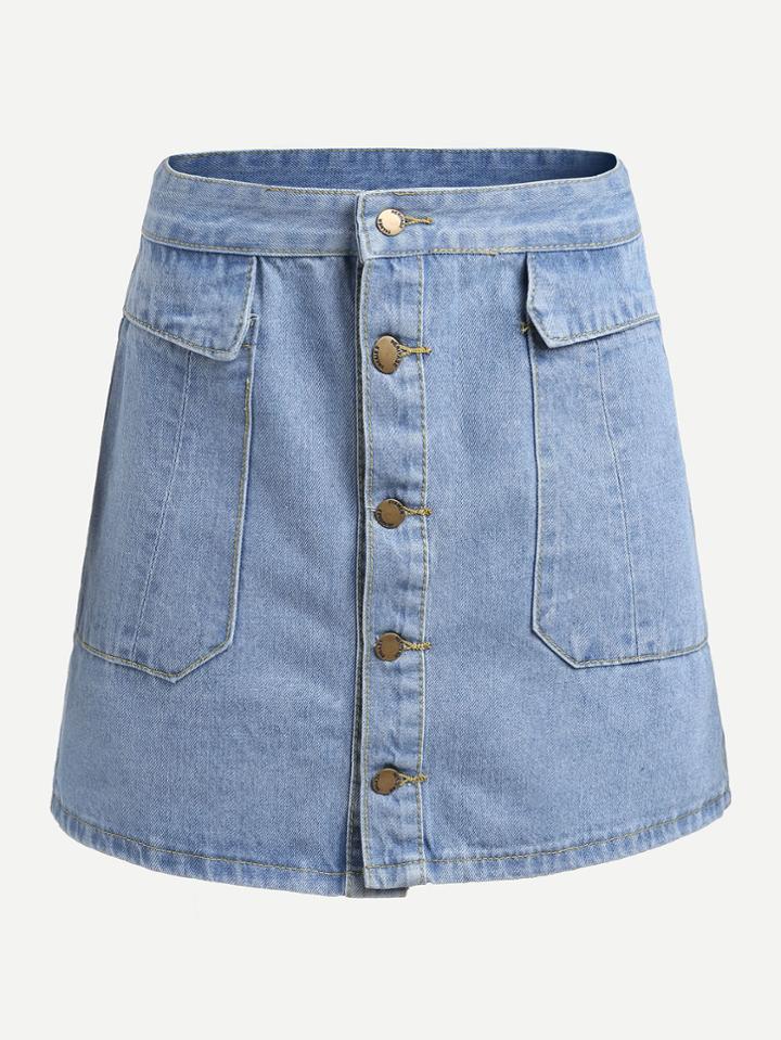 Romwe Button Front Denim Skirt