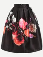 Romwe Black Flower Print Box Pleated Skirt