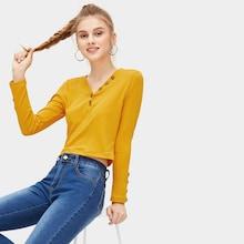 Romwe Button Detail V-neck Tee