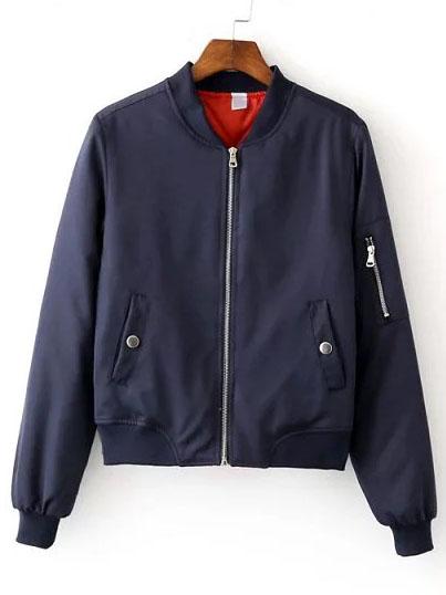 Romwe Blue Zipper Bomber Jacket With Arm Pocket