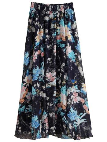 Romwe Navy Florals Chiffon Skirt With Elastic Waist