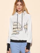 Romwe Ivory Hand Print Contrast Trim Hooded Glove Sweatshirt