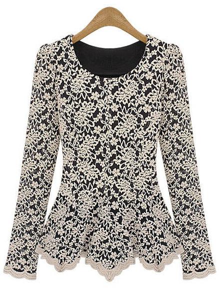 Romwe Lace Flouncing Khaki Blouse