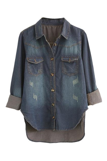 Romwe Asymmetric Distressed Denim Shirt