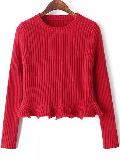 Romwe Red Round Neck Long Sleeve Peplum Knit Sweater