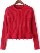 Romwe Red Round Neck Long Sleeve Peplum Knit Sweater