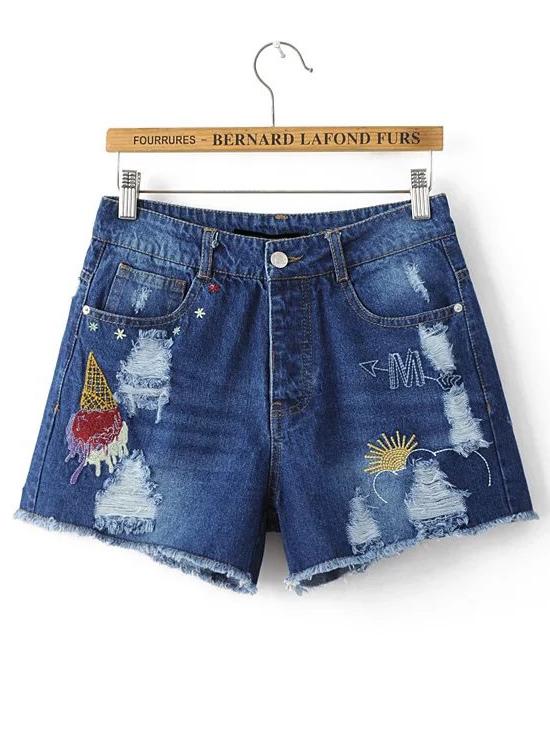 Romwe Blue Ice Cream Embroidery Ripped Detail Shorts