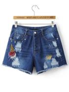 Romwe Blue Ice Cream Embroidery Ripped Detail Shorts