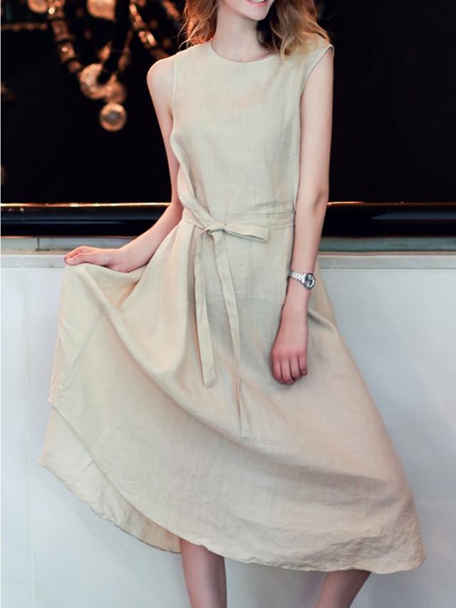 Romwe Sleeveless Buttons Belt Asymmetrical Apricot Dress