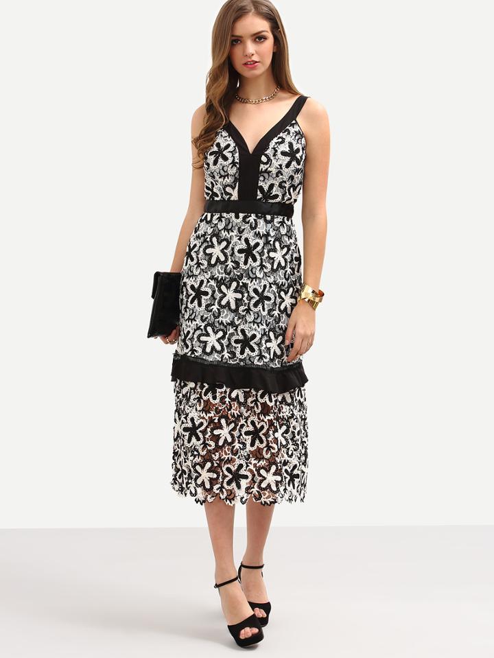 Romwe Black White Flower Crochet Overlay Dress