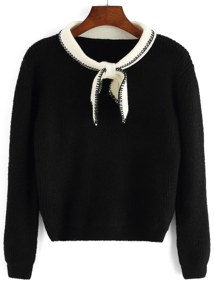 Romwe Contrast Collar Tie Black Sweater