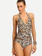 Romwe Mesh Insert Multicolor Leopard Print One-piece Swimwear