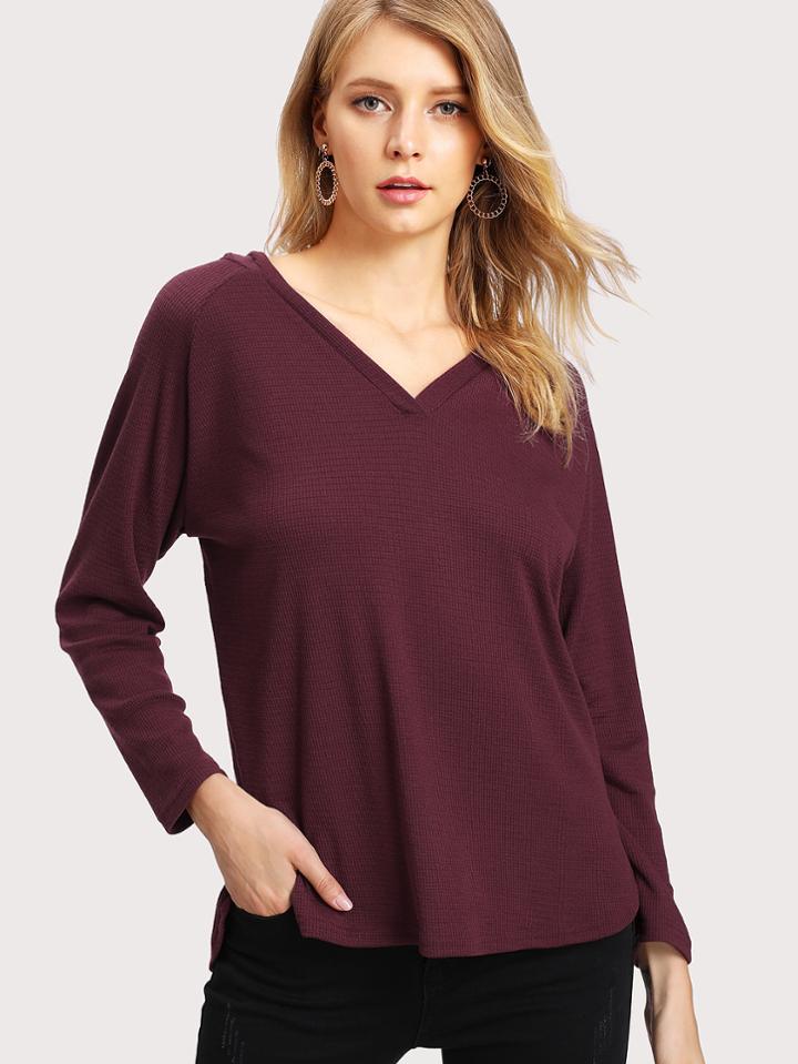 Romwe Deep V Neckline Curved Hem Hooded Knit Tee
