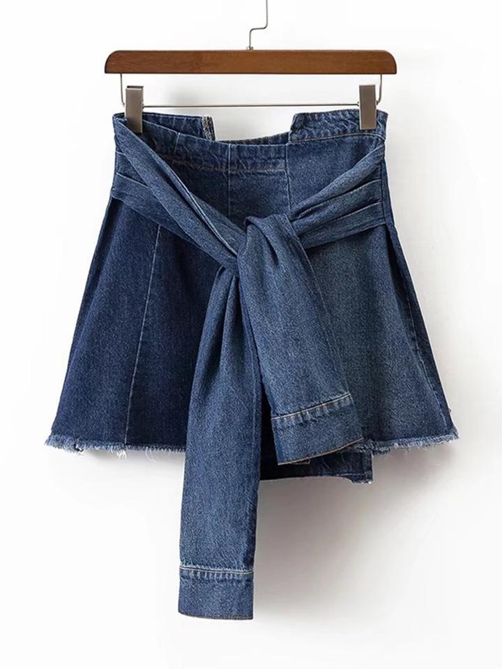 Romwe Knot Front Denim A Line Skirt