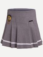 Romwe Grey Striped Trim Badge Embellished Pleated Skirt With Zipper