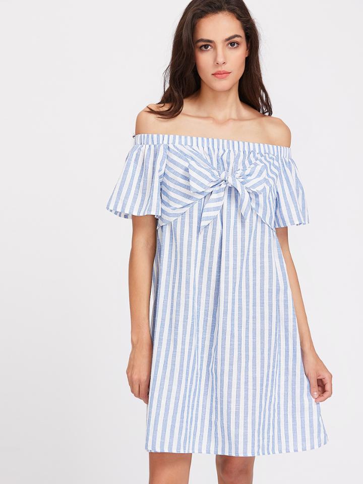 Romwe Bow Tie Front Bell Sleeve Striped Bardot Dress