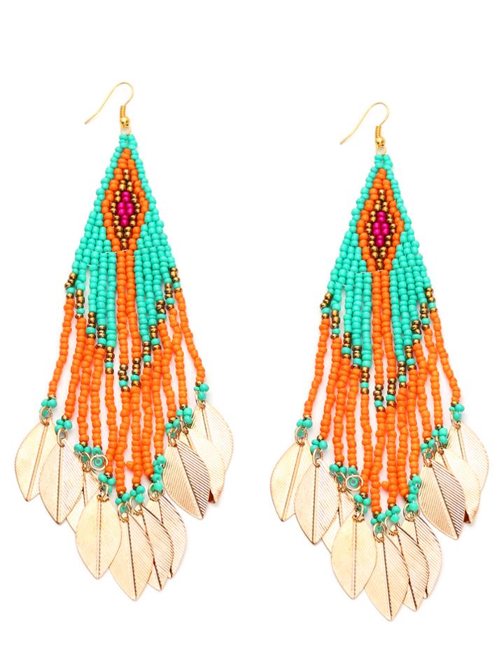 Romwe Colorful Beaded Leaf Metal Sheet Fringe Earrings