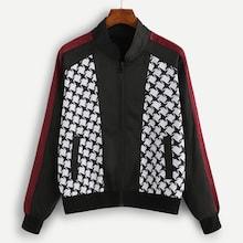 Romwe Houndstooth Panel Colorblock Zip Up Jacket