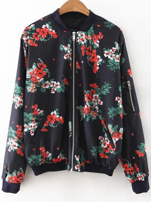 Romwe Black Floral Print Bomber Jacket With Zipper