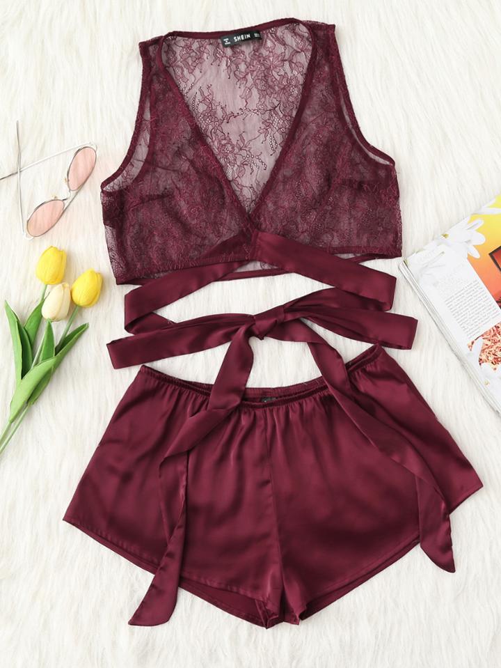 Romwe Cross Wrap Lace Top & Satin Shorts Pj Set