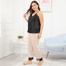 Romwe Plus Contrast Lace Cami & Striped Pants Pj Set