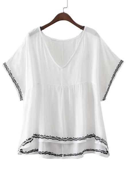 Romwe White V Neck Embroidery Trim Batwing Sleeve Blouse