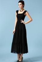 Romwe Strap Pleated Chiffon Black Dress