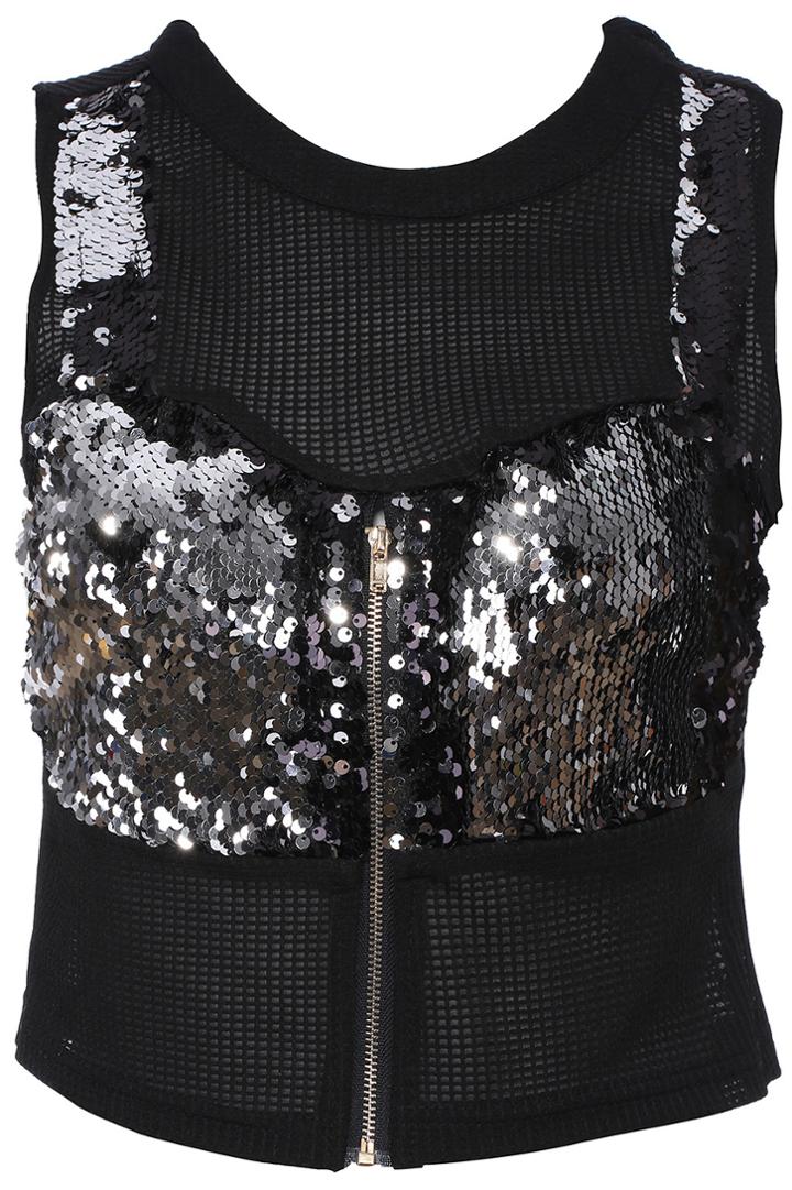 Romwe Romwe Sequin Embellished Semi-sheer Black Tank Top