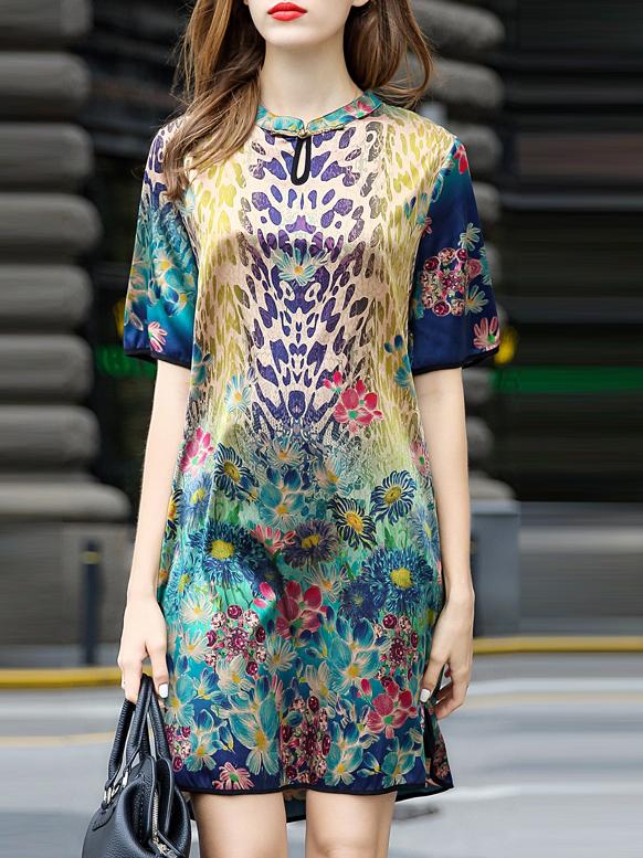 Romwe Multicolor Crew Neck Print High Low Dress