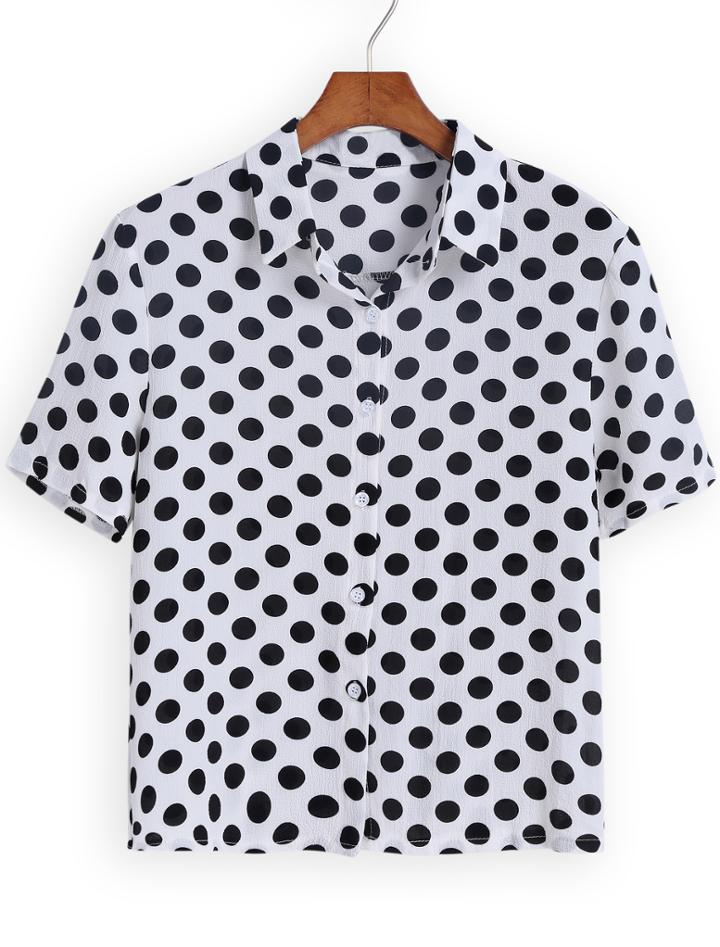 Romwe White Lapel Short Sleeve Polka Dot Blouse