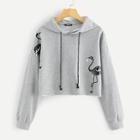 Romwe Drop Shoulder Flamingo Print Drawstring Hoodie