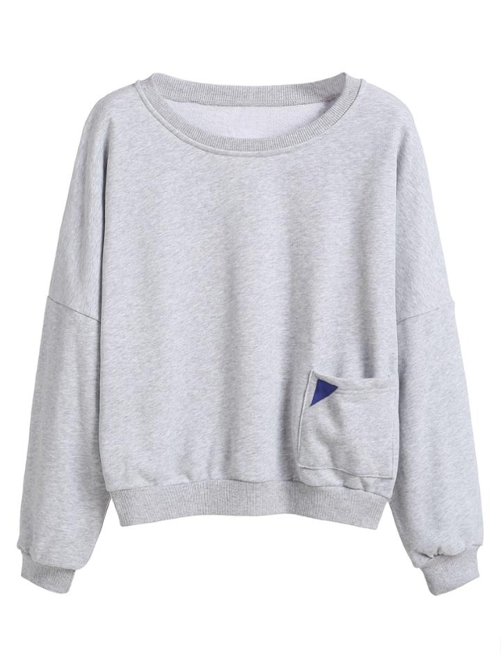 Romwe Heather Grey Dropped Shoulder Seam Patch Pocket Sweatshirt