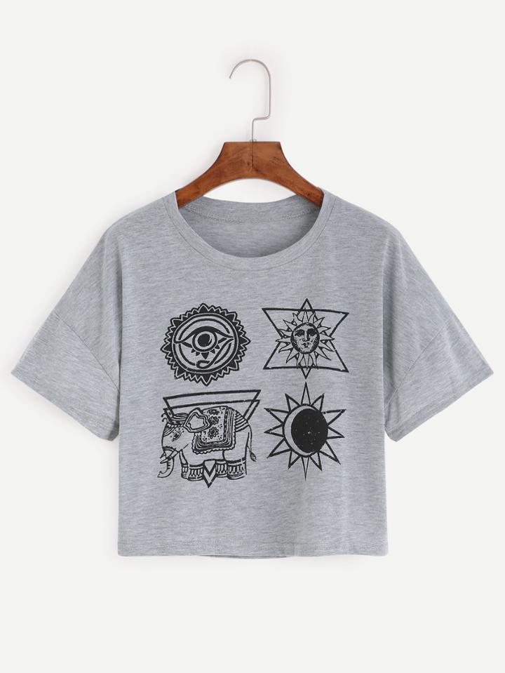 Romwe Grey Graphic Print Crop T-shirt