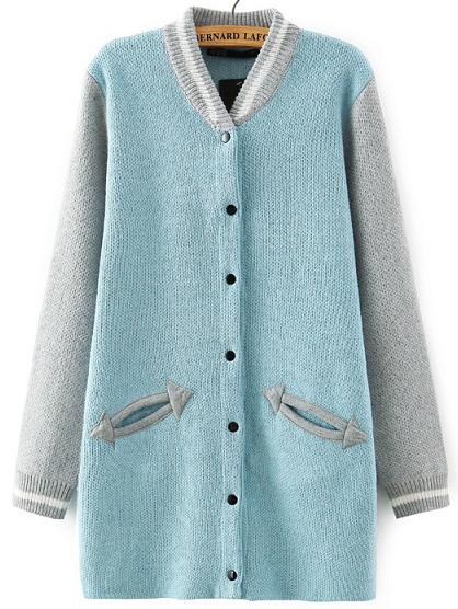 Romwe Blue Grey Stand Collar Pockets Knit Cardigan